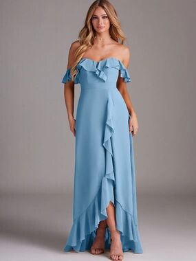 Like New Azazie Lyra Steel Blue A-Line Chiffon Dress - Bridesmaid Custom Size 8